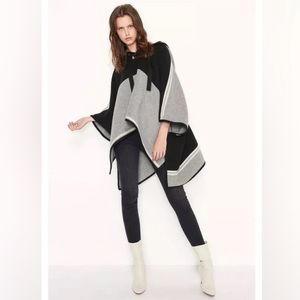ba&sh Lady Cape Hooded Poncho Color Block Black Gray Wool Lace Up Size Small